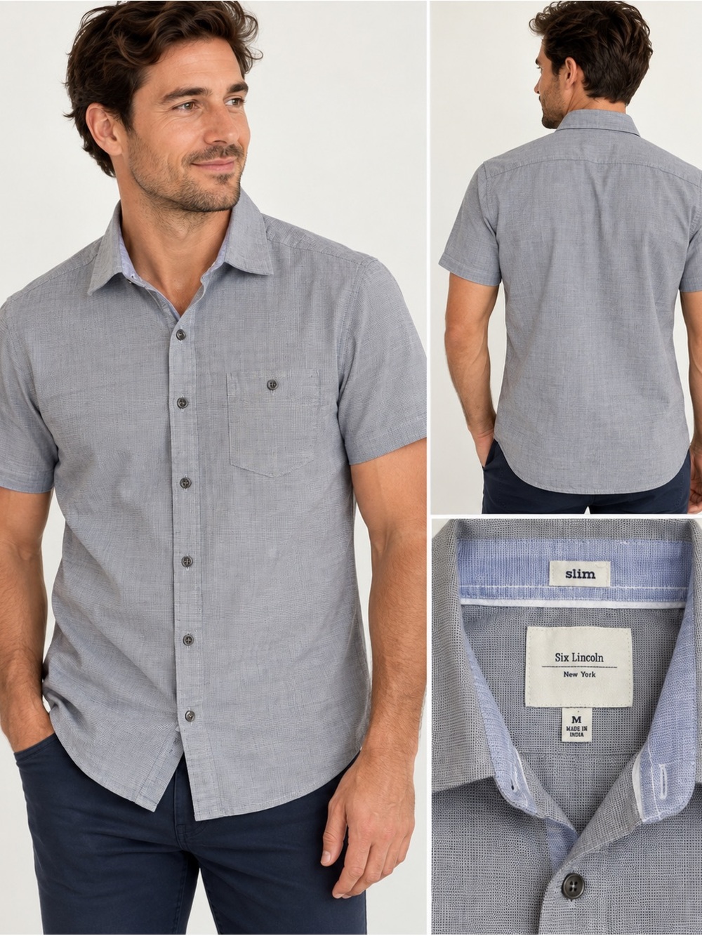 Six Lincoln Men’s Slim Fit Button Down Shirt Medium Gray Short Sleeve Stretch